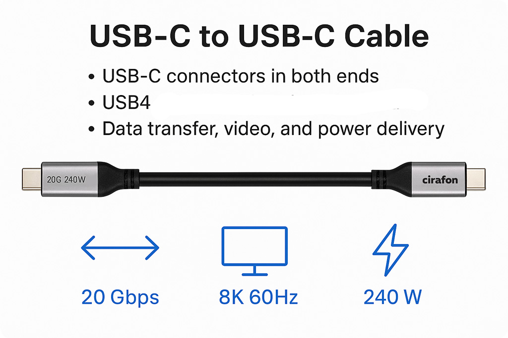 Illustrasjon av Cirafon USB-C-kabel – USB4, 240W, 20Gbps, DP1.4